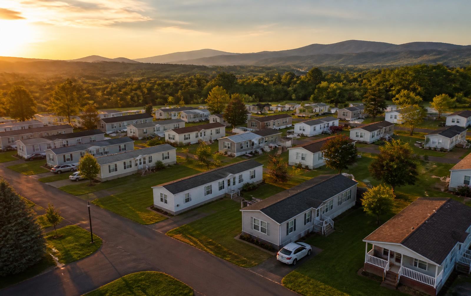 Aerial view of a mobile home park community in Virginia at sunset